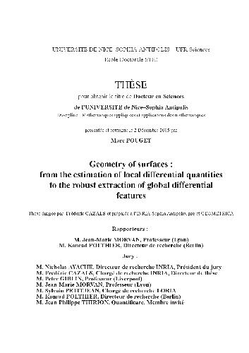 Geometry Of Surfaces Estimation Of Local Differential Quantities And Extraction Of Global Features Phd Thesis Pouget M