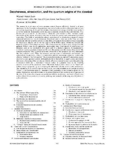 Decoherence Einselectionand The Quantum Origins Of The Classical Wojciech Hubert Zurek