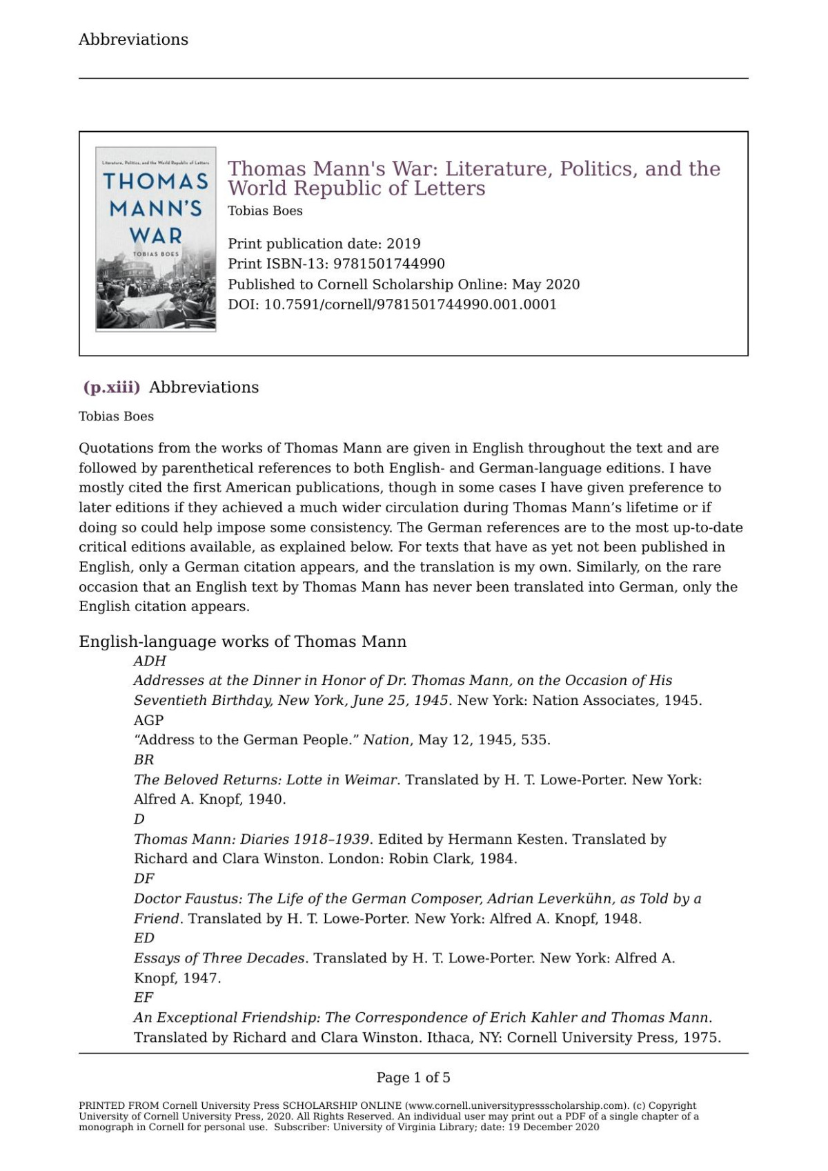 Thomas Manns War Literature Politics And The World Republic Of Letters Tobias Boes