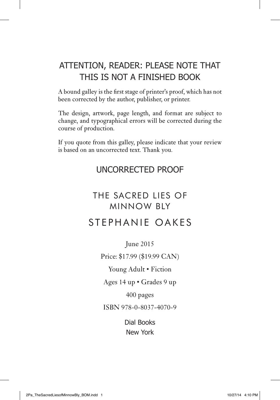 The Sacred Lies Of Minnow Bly Oakes Stephanie