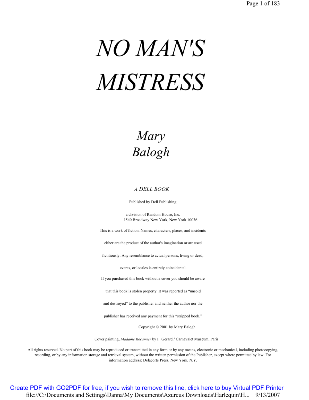 No Mans Mistress Balogh Mary