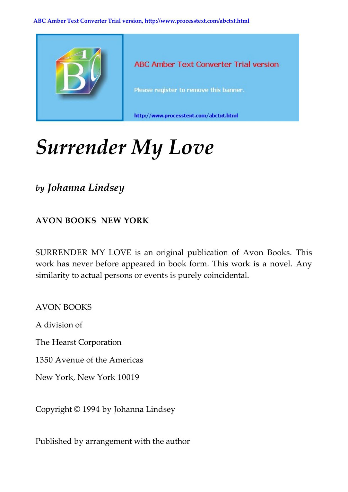 Surrender My Love Lindsey Johanna