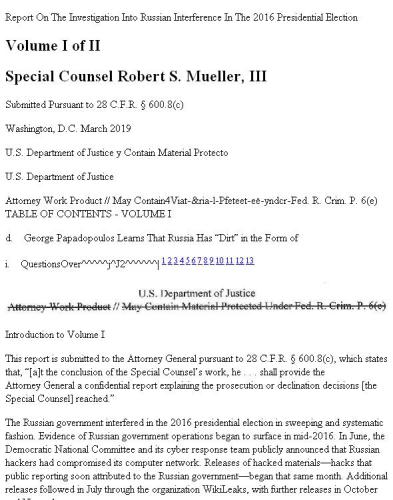 Report On The Investigation Into Russian Interference In The 2016 Presidential Election Redacted Converted To Epub Redacted By William Barr Usdoj Special Counsel Robert S Mueller