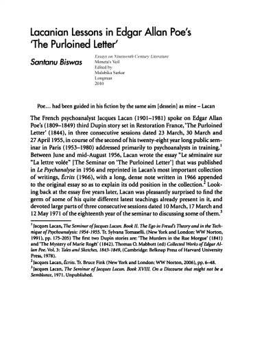 Lacanian Lessons In Edgar Allan Poes The Purloined Letter Chapter Santanu Biswas