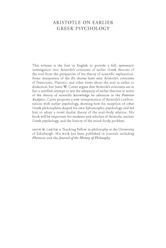 Aristotle On Earlier Greek Psychology The Science Of Soul Ebook Jason W Carter