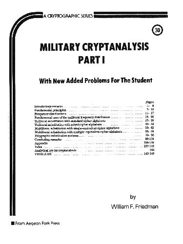 Military Cryptanalysis William F Friedman
