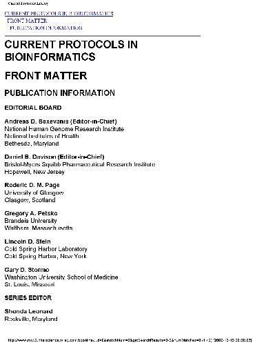 Current Protocols In Bioinformatics Baxevanis Aded