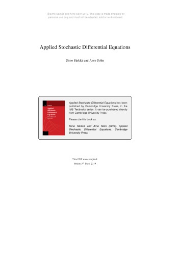 Applied Stochastic Differential Equations 1st Edition Simo Srkk And Arno Solin