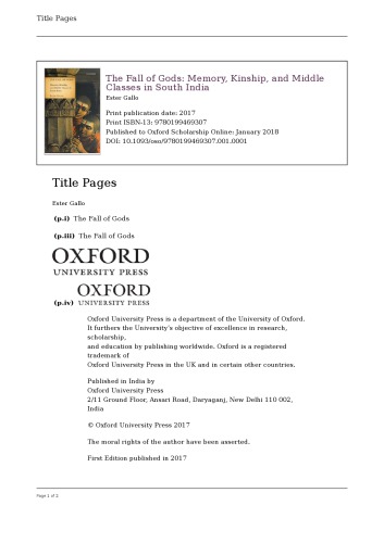 The Fall Of Gods Memory Kinship And Middle Classes In South India Ester Gallo