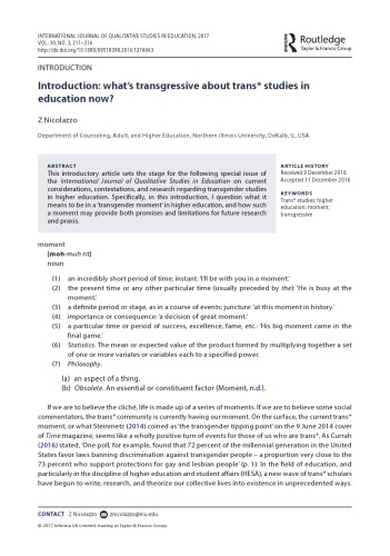 Whats Transgressive About Trans Studies In Education Now Z Nicolazzo Ed