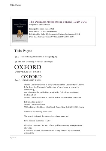 The Defining Moments In Bengal 19201947 Online Version Sabyasachi Bhattacharya