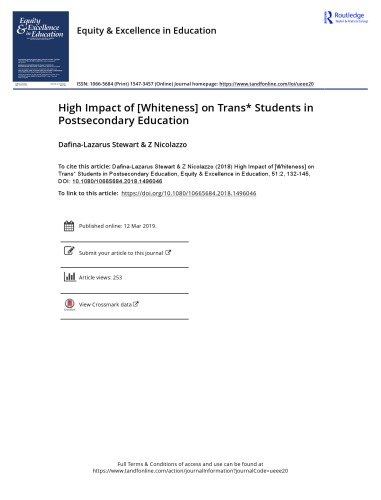 High Impact Of Whiteness On Trans Students In Postsecondary Education Dafina Lazarusstewart Z Nicolazzo