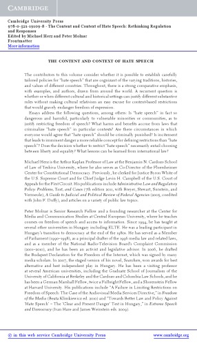 The Content And Context Of Hate Speech Rethinking Regulation And Responses Michael E Herz Peter Molnar Eds