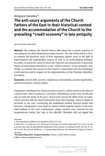 The Antiusury Arguments Of The Church Fathers Of The East In Their Historical Context And The Accommodation Of The Church To The Prevailing Credit Economy In Late Antiquity Antigone Samellas