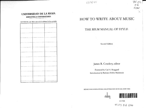 How To Write About Music The Rilm Manual Of Style 2nd Ed Cowdery