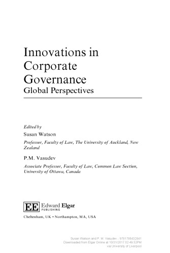 Innovations In Corporate Governance Global Perspectives Susan Watson P M Vasudev