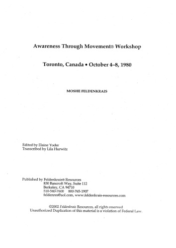 1980 Toronto Workshop Transcript Moshe Feldenkrais
