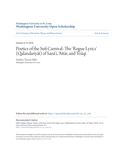 Poetics Of The Sufi Carnival The Rogue Lyrics Qalandariyt Of Sani Attr And Erqi Matthew Thomas Miller