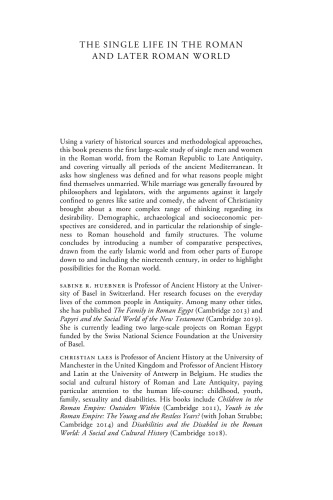 The Single Life In The Roman And Later Roman World Christian Laes