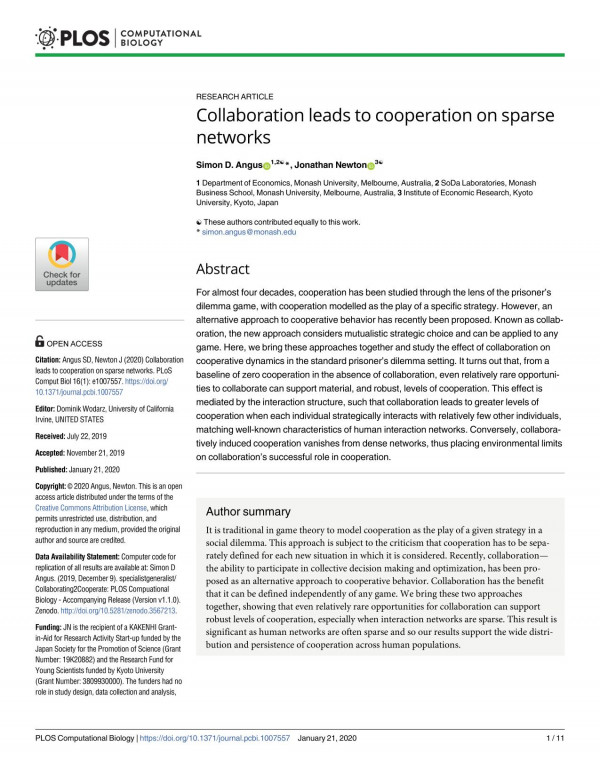 Collaboration Leads To Cooperation On Sparse Networks Simon D Angus
