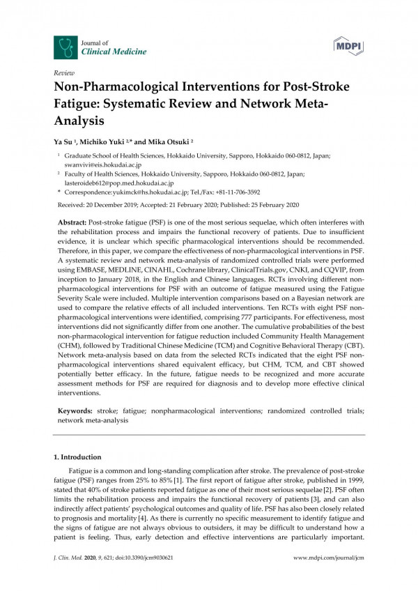 Nonpharmacological Interventions For Poststroke Fatigue Systematic Review And Network Meta Analysis Ya Su