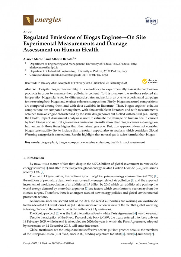 Regulated Emissions Of Biogas Engineson Site Experimental Measurements And Damage Assessment On Human Health Alarico Macor