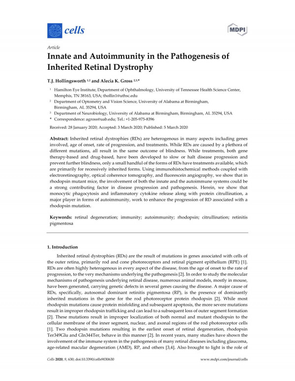 Innate And Autoimmunity In The Pathogenesis Of Inherited Retinal Dystrophy Tj Hollingsworth