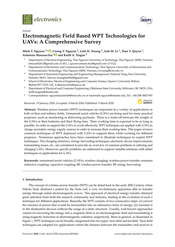 Electromagnetic Field Based Wpt Technologies For Uavs A Comprehensive Survey Minh T Nguyen