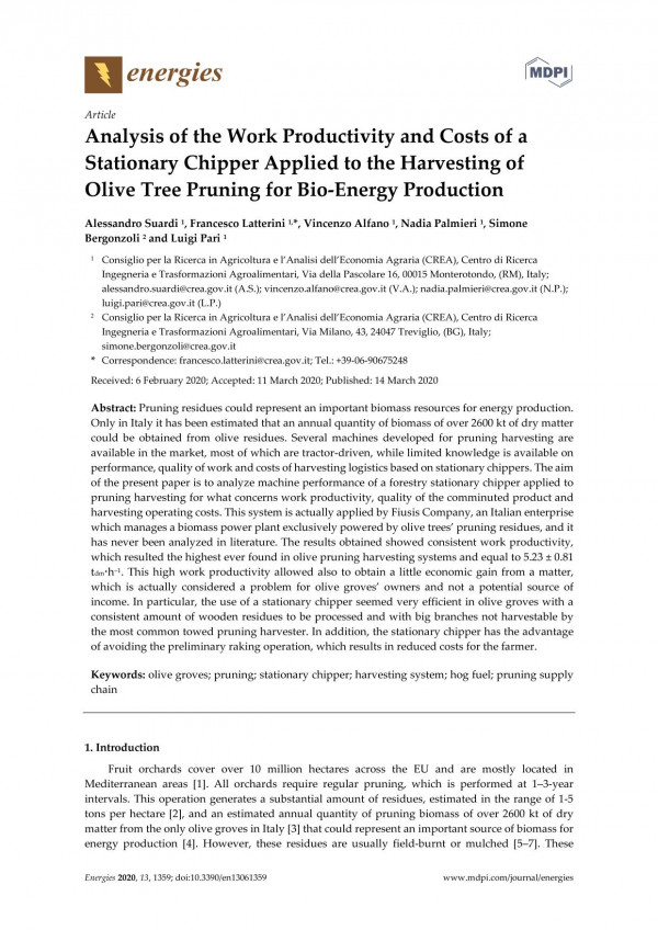 Analysis Of The Work Productivity And Costs Of A Stationary Chipper Applied To The Harvesting Of Olive Tree Pruning For Bioenergy Production Alessandro Suardi