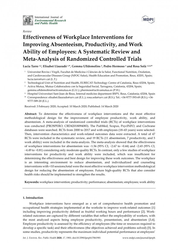 Effectiveness Of Workplace Interventions For Improving Absenteeism Productivity And Work Ability Of Employees A Systematic Review And Metaanalysis Of Randomized Controlled Trials Lucia Tarro