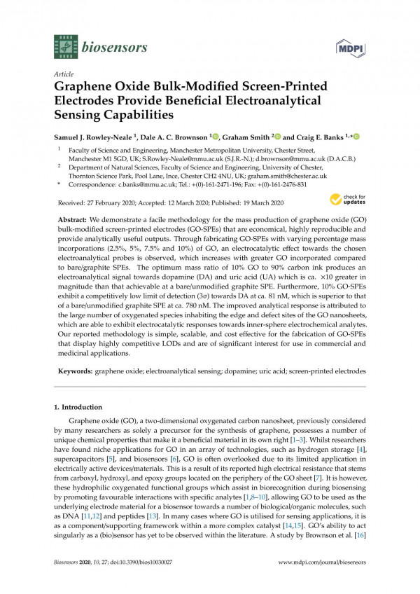 Graphene Oxide Bulkmodified Screenprinted Electrodes Provide Beneficial Electroanalytical Sensing Capabilities Samuel J Rowleyneale