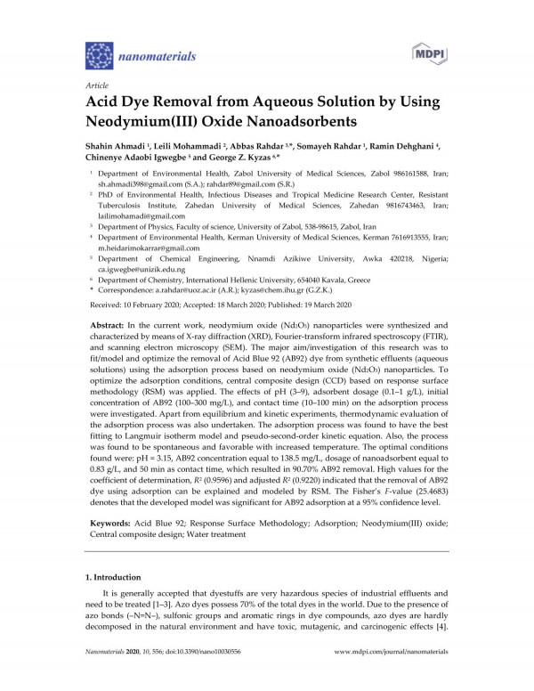 Acid Dye Removal From Aqueous Solution By Using Neodymiumiii Oxide Nanoadsorbents Shahin Ahmadi