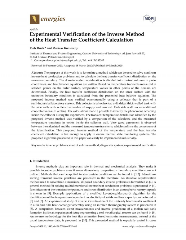Experimental Verification Of The Inverse Method Of The Heat Transfer Coefficient Calculation Piotr Duda