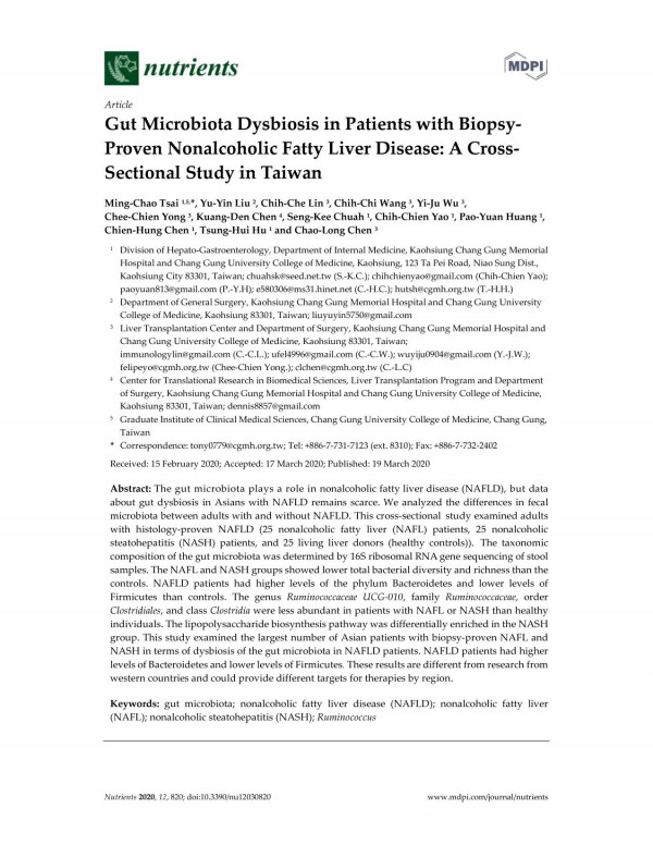 Gut Microbiota Dysbiosis In Patients With Biopsy Proven Nonalcoholic Fatty Liver Disease A Cross Sectional Study In Taiwan Mingchao Tsai