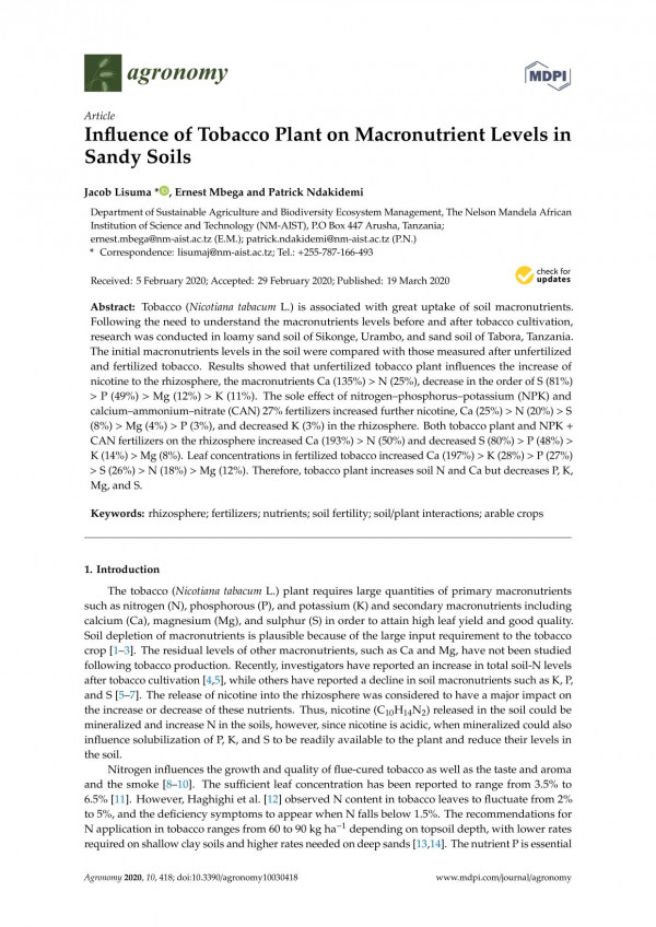 Influence Of Tobacco Plant On Macronutrient Levels In Sandy Soils Jacob Lisuma