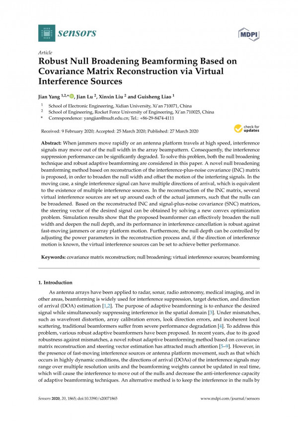 Robust Null Broadening Beamforming Based On Covariance Matrix Reconstruction Via Virtual Interference Sources Jian Yang