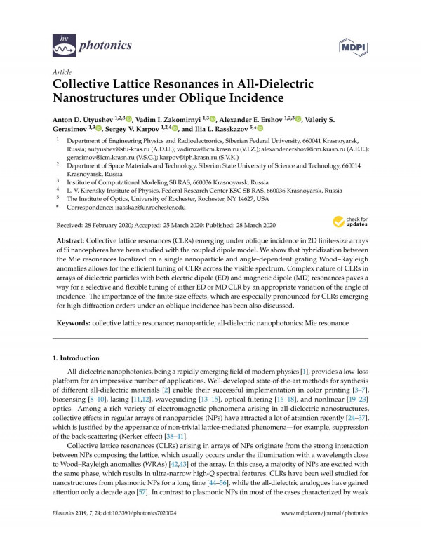 Collective Lattice Resonances In Alldielectric Nanostructures Under Oblique Incidence Anton Utyushev