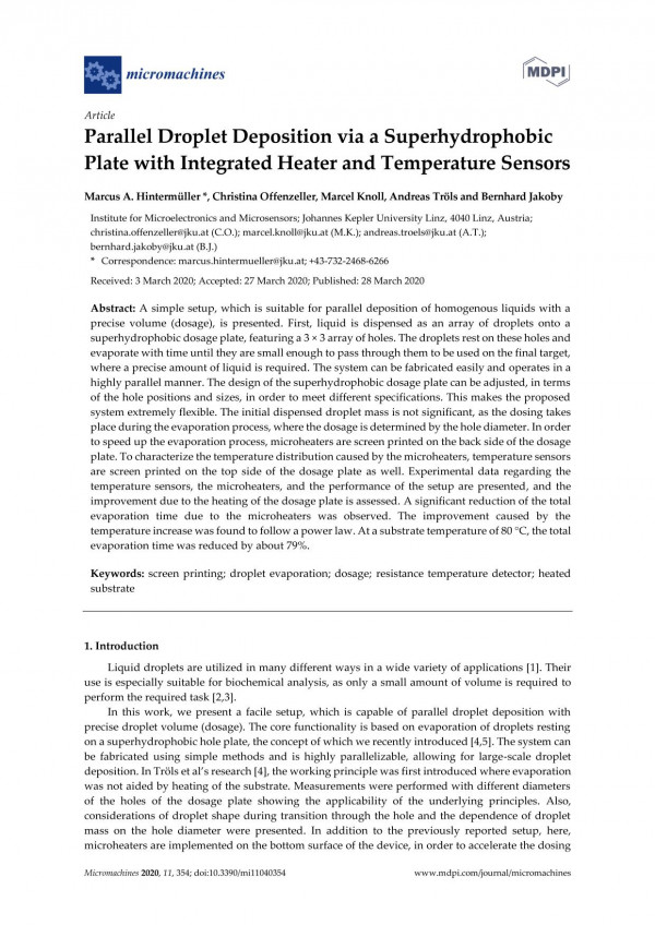 Parallel Droplet Deposition Via A Superhydrophobic Plate With Integrated Heater And Temperature Sensors Marcus A Hintermller