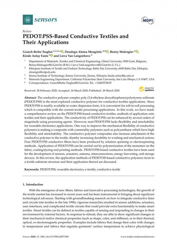 Pedotpssbased Conductive Textiles And Their Applications Granch Berhe Tseghai