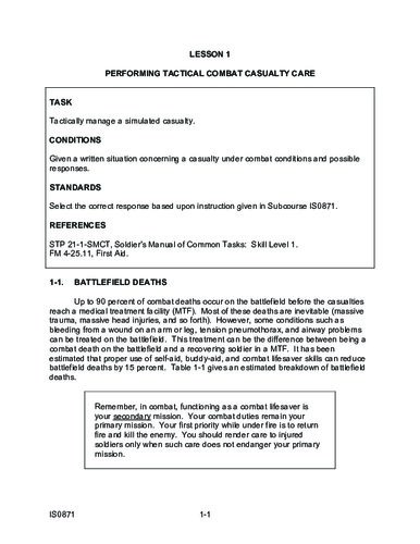 Combat Lifesaver Student Selfstudy Is0871 Us Army Medical Department