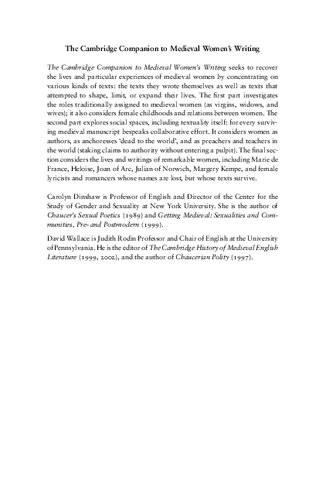 The Cambridge Companion To Medieval Womens Writing Carolyn Dinshaw And David Wallace