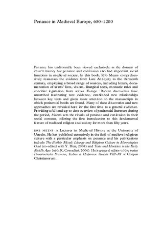 Penance In Medieval Europe 6001200 Rob Meens