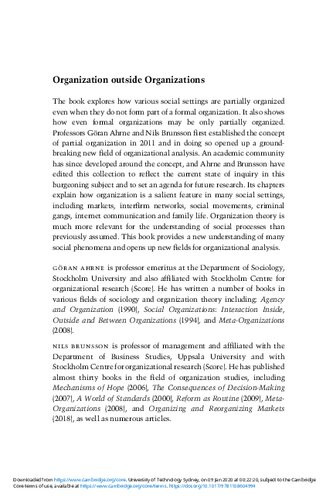 Organization Outside Organizations The Abundance Of Partial Organization In Social Life Gran Ahrne Nils Brunsson