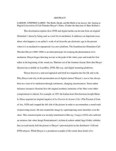The Birth Death And Rebirth Of An Auteur The Analog To Digital Conversion Of Carl Theodor Dreyers Films Stephen Larry Larson