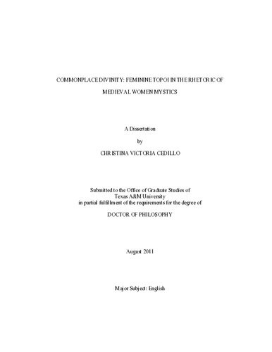 Commonplace Divinity Feminine Topoi In The Rhetoric Of Medieval Women Mystics Christina Victoria Cedillo