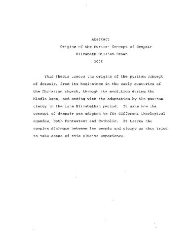 Origins Of The Puritan Concept Of Despair Elizabeth Gilliam Brown