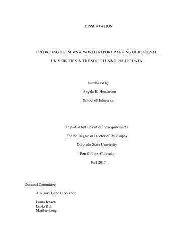 Predicting Us News World Report Ranking Of Regional Universities In The South Using Public Data Angela E Henderson