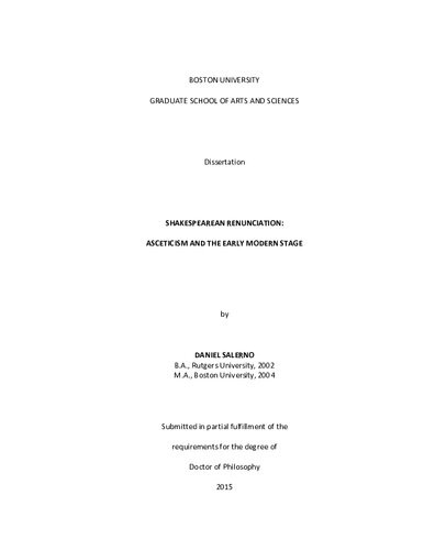 Shakespearean Renunciation Asceticism And The Early Modern Stage Daniel Salerno