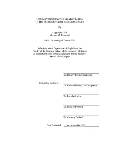 Literary Influences And Adaptation In The Middle English Kyng Alisaunder Geneva M Diamond