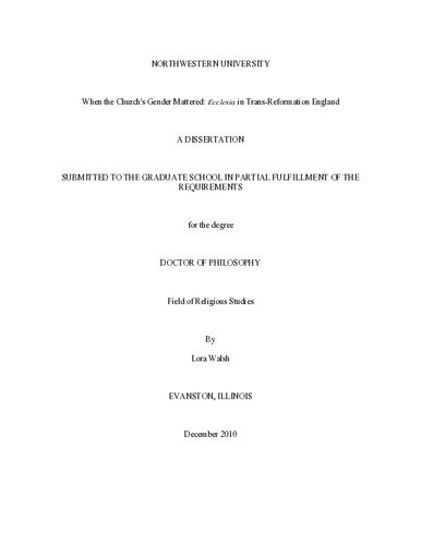 When The Churchs Gender Mattered Ecclesia In Transreformation England Lora Walsh